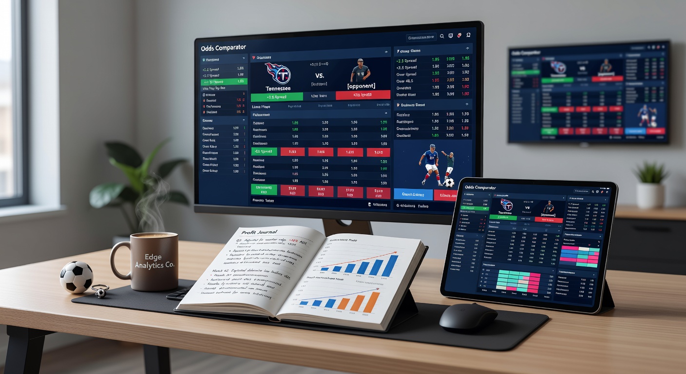 Tennis player mid-rally with profit journal dashboard overlay, displaying tracked wins from odds comparator alerts during a high-stakes match