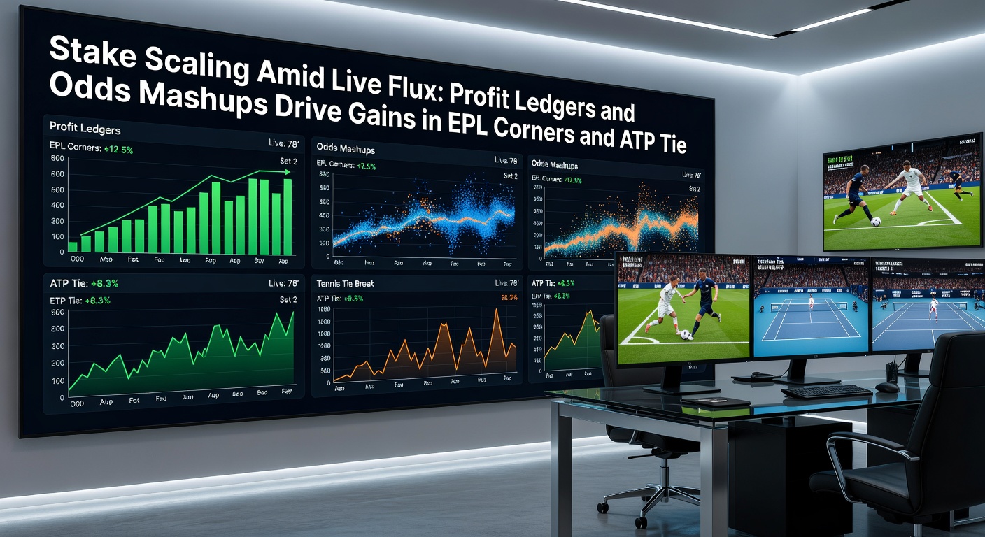 Interface displaying odds mashup for live ATP tiebreak with overlaid profit ledger insights and stake scaling sliders